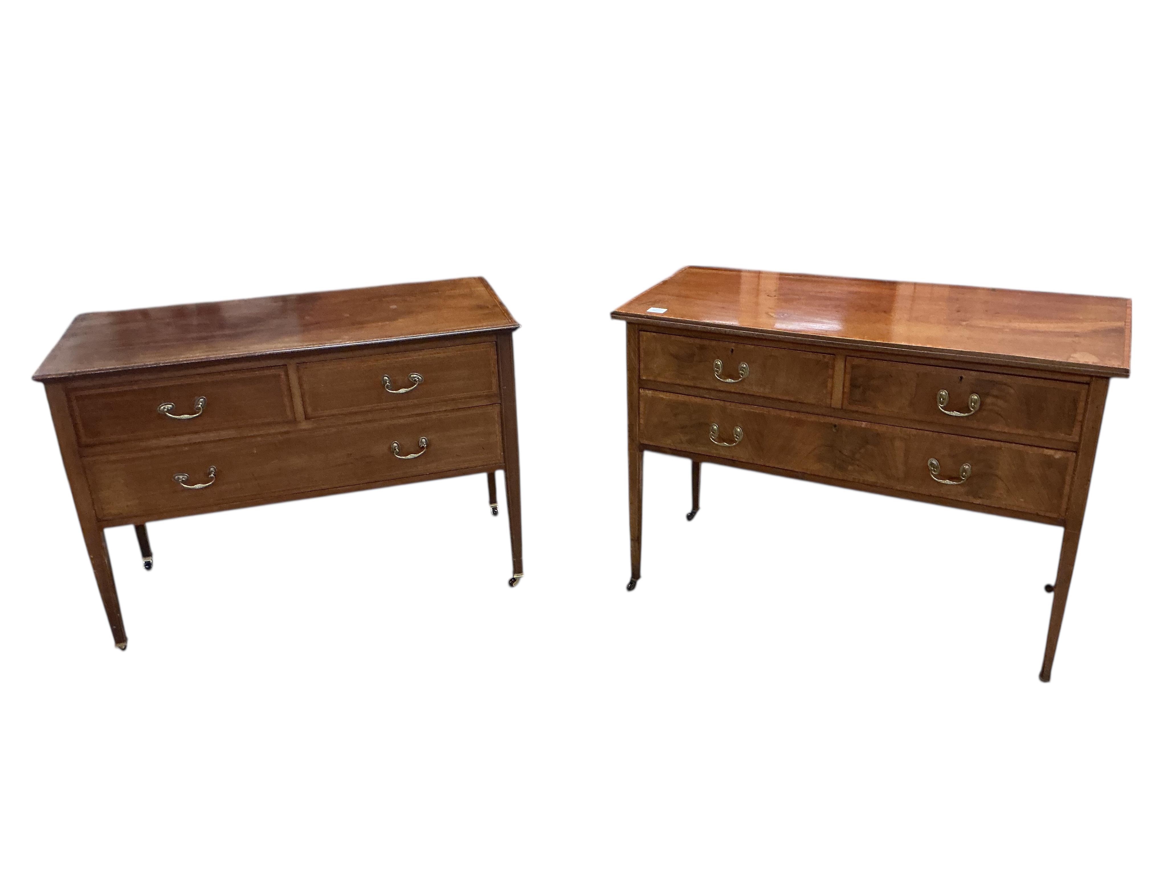 A near pair of Edwardian banded mahogany chests, each fitted with one long and two short drawers, width 107cm, depth 48cm, height 78cm